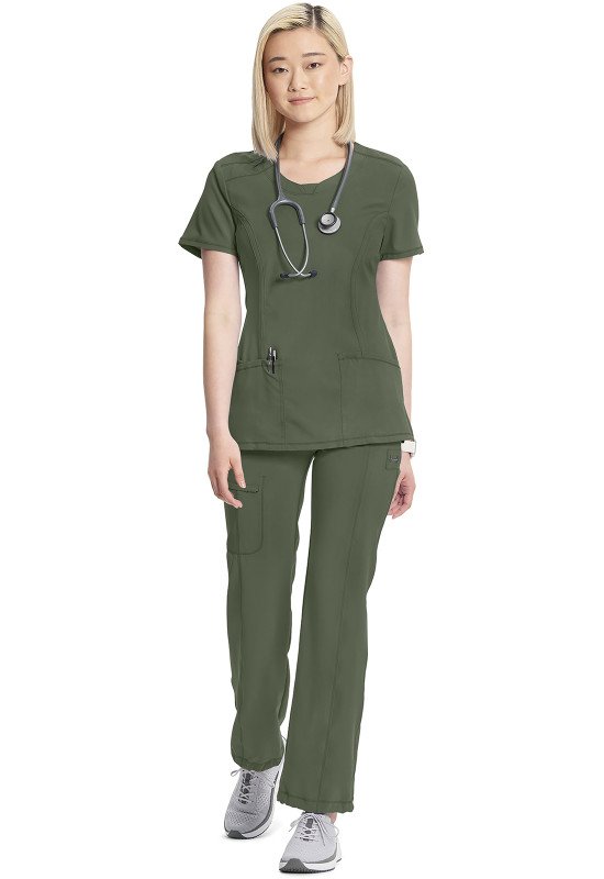 CHEROKEE INFINITY WOMEN'S ROUND NECK TOP AND RIB KNIT DRAWSTRING PANT SCRUB SET